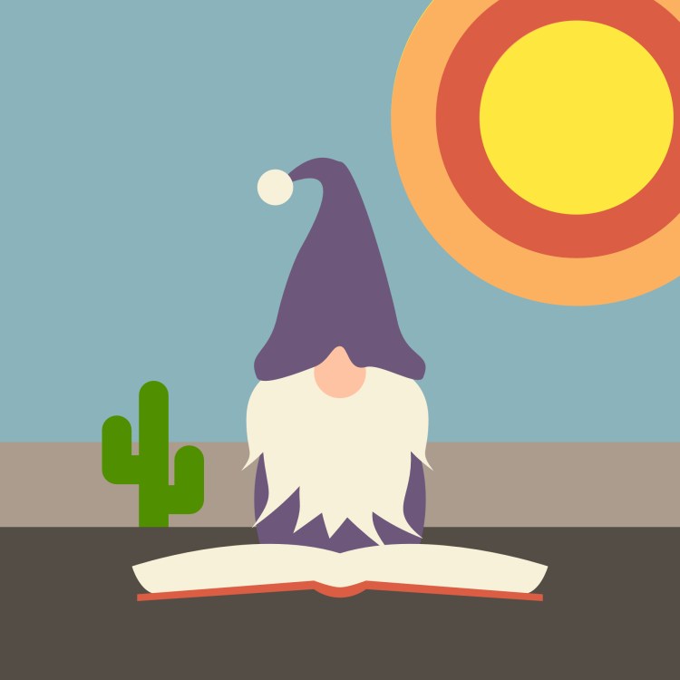 Image shows a cartoon gnome in the desert